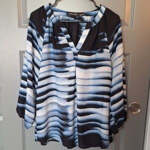 Ivanka Trump Navy Patterned V-Neck Blouse
